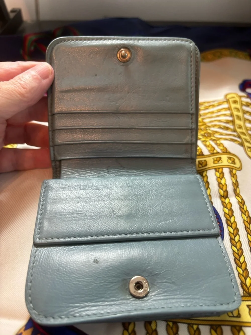Authentic Balenciaga Cash Flap Coin and Card Holder – Grained Leather- Blue-Grey